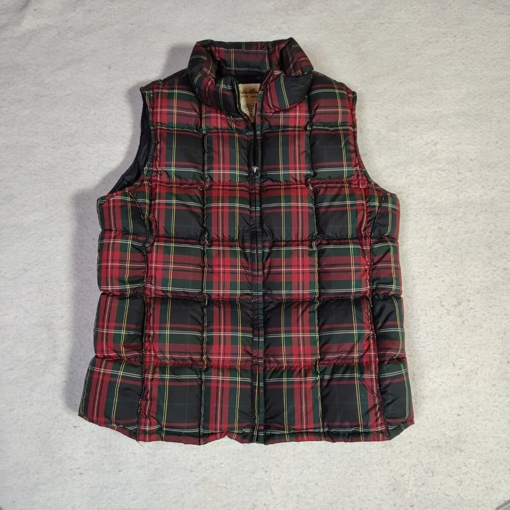 Eddie Bauer Goose Down Vest Womens Plaid Red Green Black Full Zip Puffer - Picture 1 of 16